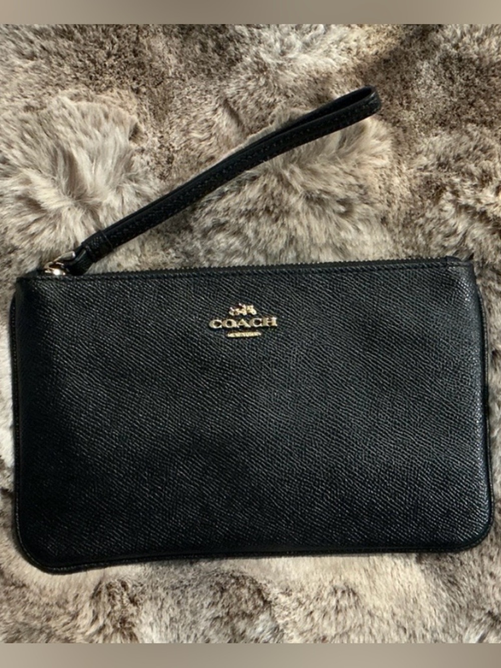 Coach Black Leather Wristlet with Gold Logo Accent